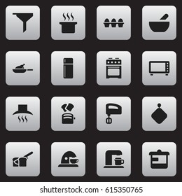 Set Of 16 Editable Cook Icons. Includes Symbols Such As Refrigerator, Egg Carton, Kitchen Hood And More. Can Be Used For Web, Mobile, UI And Infographic Design.