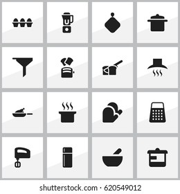 Set Of 16 Editable Cook Icons. Includes Symbols Such As Soup Pot, Agitator, Shredder And More. Can Be Used For Web, Mobile, UI And Infographic Design.