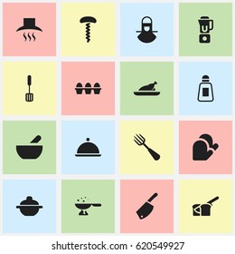 Set Of 16 Editable Cook Icons. Includes Symbols Such As Silverware, Wine Opener, Rocker Blade And More. Can Be Used For Web, Mobile, UI And Infographic Design.
