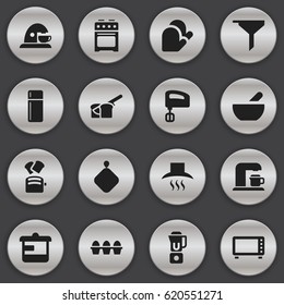 Set Of 16 Editable Cook Icons. Includes Symbols Such As Cup, Kitchen Hood, Bakery And More. Can Be Used For Web, Mobile, UI And Infographic Design.