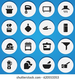 Set Of 16 Editable Cook Icons. Includes Symbols Such As Hand Mixer, Kitchen Hood, Pot-Holder. Can Be Used For Web, Mobile, UI And Infographic Design.