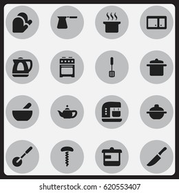 Set Of 16 Editable Cook Icons. Includes Symbols Such As Teapot Appliance, Cookware, Knife Roller And More. Can Be Used For Web, Mobile, UI And Infographic Design.