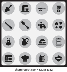 Set Of 16 Editable Cook Icons. Includes Symbols Such As Meat Grinder, Rocker Blade, Cup And More. Can Be Used For Web, Mobile, UI And Infographic Design.
