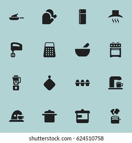 Set Of 16 Editable Cook Icons. Includes Symbols Such As Cookware, Hand Mixer, Agitator. Can Be Used For Web, Mobile, UI And Infographic Design.