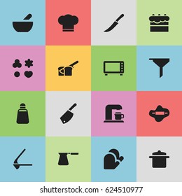 Set Of 16 Editable Cook Icons. Includes Symbols Such As Cook Cap, Oven, Soup And More. Can Be Used For Web, Mobile, UI And Infographic Design.
