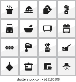 Set Of 16 Editable Cook Icons. Includes Symbols Such As Kitchen Hood, Shredder, Kitchen Glove And More. Can Be Used For Web, Mobile, UI And Infographic Design.