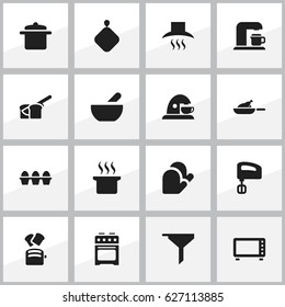 Set Of 16 Editable Cook Icons. Includes Symbols Such As Oven, Egg Carton, Drink Maker And More. Can Be Used For Web, Mobile, UI And Infographic Design.