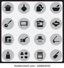 Set Of 16 Editable Cook Icons. Includes Symbols Such As Utensil, Pot-Holder, Crusher And More. Can Be Used For Web, Mobile, UI And Infographic Design.