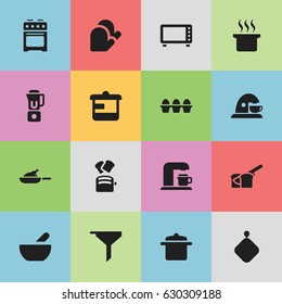 Set Of 16 Editable Cook Icons. Includes Symbols Such As Filtering, Cookware, Slice Bread And More. Can Be Used For Web, Mobile, UI And Infographic Design.