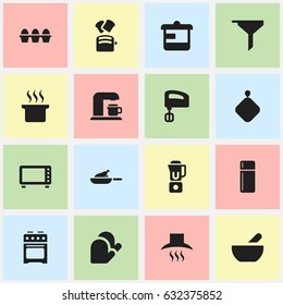 Set Of 16 Editable Cook Icons. Includes Symbols Such As Kitchen Hood, Filtering, Refrigerator And More. Can Be Used For Web, Mobile, UI And Infographic Design.