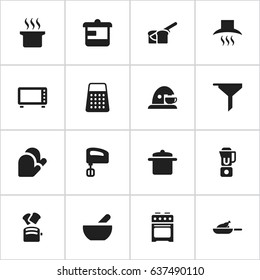 Set Of 16 Editable Cook Icons. Includes Symbols Such As Shredder, Kitchen Glove, Utensil And More. Can Be Used For Web, Mobile, UI And Infographic Design.