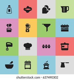 Set Of 16 Editable Cook Icons. Includes Symbols Such As Kitchen Glove, Egg Carton, Mensural And More. Can Be Used For Web, Mobile, UI And Infographic Design.