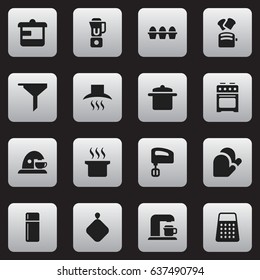 Set Of 16 Editable Cook Icons. Includes Symbols Such As Kitchen Hood, Refrigerator, Filtering And More. Can Be Used For Web, Mobile, UI And Infographic Design.
