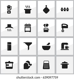 Set Of 16 Editable Cook Icons. Includes Symbols Such As Egg Carton, Kitchen Hood, Slice Bread And More. Can Be Used For Web, Mobile, UI And Infographic Design.