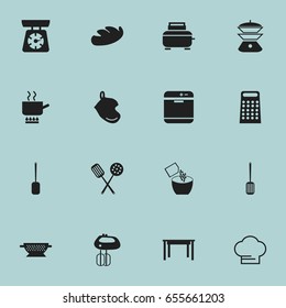 Set Of 16 Editable Cook Icons. Includes Symbols Such As Whisk, Drainer, Spatula And More. Can Be Used For Web, Mobile, UI And Infographic Design.