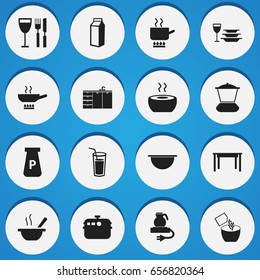 Set Of 16 Editable Cook Icons. Includes Symbols Such As Desk, Cooking Pot, Plates With Glass And More. Can Be Used For Web, Mobile, UI And Infographic Design.