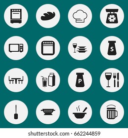 Set Of 16 Editable Cook Icons. Includes Symbols Such As Bowl, Salt, Plates With Glass And More. Can Be Used For Web, Mobile, UI And Infographic Design.