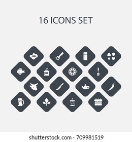 Set Of 16 Editable Cook Icons. Includes Symbols Such As Refrigerator, Mocha Grinder, Sword And More. Can Be Used For Web, Mobile, UI And Infographic Design.