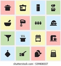 Set Of 16 Editable Cooking Icons. Includes Symbols Such As Refrigerator, Slice Bread, Cookware And More. Can Be Used For Web, Mobile, UI And Infographic Design.