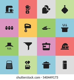 Set Of 16 Editable Cooking Icons. Includes Symbols Such As Grill, Egg Carton, Shredder And More. Can Be Used For Web, Mobile, UI And Infographic Design.