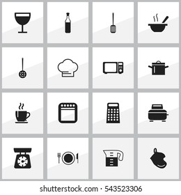 Set Of 16 Editable Cooking Icons. Includes Symbols Such As Water Jug, Wineglass, Cooking Cap And More. Can Be Used For Web, Mobile, UI And Infographic Design.