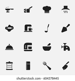 Set Of 16 Editable Cooking Icons. Includes Symbols Such As Meat Grinder, Soup, Cook Cap And More. Can Be Used For Web, Mobile, UI And Infographic Design.