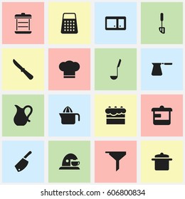 Set Of 16 Editable Cooking Icons. Includes Symbols Such As Coffee Pot, Soup Spoon, Utensil And More. Can Be Used For Web, Mobile, UI And Infographic Design.