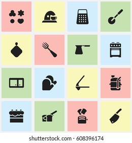 Set Of 16 Editable Cooking Icons. Includes Symbols Such As Squeezer, Coffee Pot, Pot-Holder And More. Can Be Used For Web, Mobile, UI And Infographic Design.