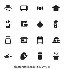 Set Of 16 Editable Cooking Icons. Includes Symbols Such As Slice Bread, Egg Carton, Kitchen Hood And More. Can Be Used For Web, Mobile, UI And Infographic Design.