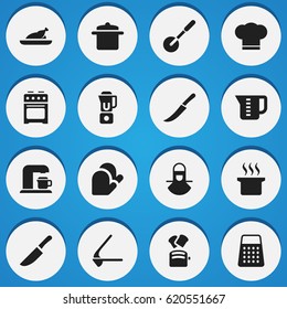 Set Of 16 Editable Cooking Icons. Includes Symbols Such As Kitchen Glove, Soup Pot, Rocker Blade And More. Can Be Used For Web, Mobile, UI And Infographic Design.