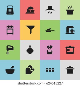Set Of 16 Editable Cooking Icons. Includes Symbols Such As Kitchen Glove, Kitchen Hood, Agitator And More. Can Be Used For Web, Mobile, UI And Infographic Design.