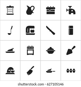 Set Of 16 Editable Cooking Icons. Includes Symbols Such As Egg Carton, Meat Grinder, Refrigerator And More. Can Be Used For Web, Mobile, UI And Infographic Design.