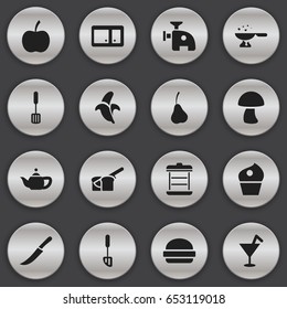 Set Of 16 Editable Cooking Icons. Includes Symbols Such As Fruit, Trowel, Kettle And More. Can Be Used For Web, Mobile, UI And Infographic Design.