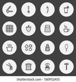 Set Of 16 Editable Cooking Outline Icons. Includes Symbols Such As Spatula, Wine Opener, Stove And More. Can Be Used For Web, Mobile, UI And Infographic Design.