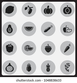 Set of 16 editable cookware icons. Includes symbols such as sweet pepper, fig, melon and more. Can be used for web, mobile, UI and infographic design.
