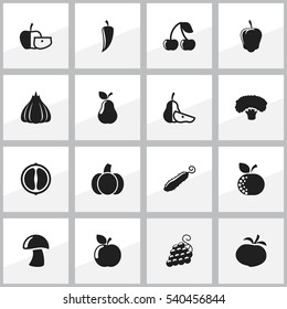Set Of 16 Editable Cookware Icons. Includes Symbols Such As Sweet Pepper, Low-Calorie Fruit, Berry And More. Can Be Used For Web, Mobile, UI And Infographic Design.