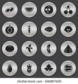 Set Of 16 Editable Cookware Icons. Includes Symbols Such As Tropical Fruit, Lemon, Walnut And More. Can Be Used For Web, Mobile, UI And Infographic Design.