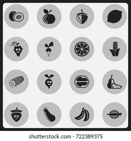 Set Of 16 Editable Cookware Icons. Includes Symbols Such As Aubergine, Strawberry, Pear Piece And More. Can Be Used For Web, Mobile, UI And Infographic Design.