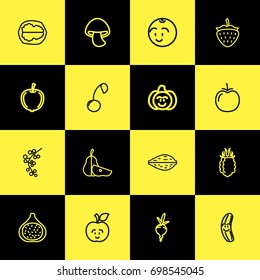 Set Of 16 Editable Cookware Outline Icons. Includes Symbols Such As Fresh Fruit, Amygdalaceous, Vegetable And More. Can Be Used For Web, Mobile, UI And Infographic Design.