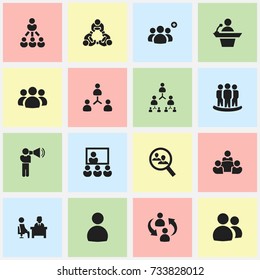 Set Of 16 Editable Cooperation Icons. Includes Symbols Such As Hierarchy, Unity, Male And More. Can Be Used For Web, Mobile, UI And Infographic Design.