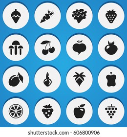 Set Of 16 Editable Dessert Icons. Includes Symbols Such As Honeycrisp, Cherry, Champignon And More. Can Be Used For Web, Mobile, UI And Infographic Design.