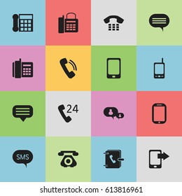 Set Of 16 Editable Device Icons. Includes Symbols Such As Chat, Talking, Smartphone And More. Can Be Used For Web, Mobile, UI And Infographic Design.