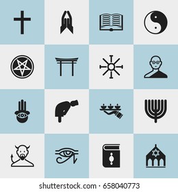 Set Of 16 Editable divine Icons. Includes Symbols Such As Baphomet Symbol, Friar, Hanukkah And More. Can Be Used For Web, Mobile, UI And Infographic Design.