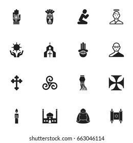 Set Of 16 Editable Divine Icons. Includes Symbols Such As Feng ShUI, Traditional Lamp , Mandala. Can Be Used For Web, Mobile, UI And Infographic Design.