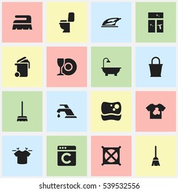 Set Of 16 Editable Dry-Cleaning Icons. Includes Symbols Such As Whisk, Plate, Laundress And More. Can Be Used For Web, Mobile, UI And Infographic Design.
