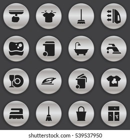 Set Of 16 Editable Dry-Cleaning Icons. Includes Symbols Such As Brush, Washing Tool, Sweep And More. Can Be Used For Web, Mobile, UI And Infographic Design.