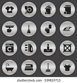 Set Of 16 Editable Dry-Cleaning Icons. Includes Symbols Such As Container, Appliance, Steam And More. Can Be Used For Web, Mobile, UI And Infographic Design.