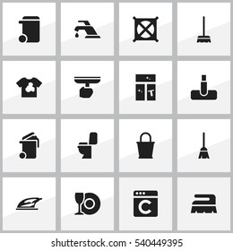 Set Of 16 Editable Dry-Cleaning Icons. Includes Symbols Such As Faucet, Appliance, Whisk And More. Can Be Used For Web, Mobile, UI And Infographic Design.
