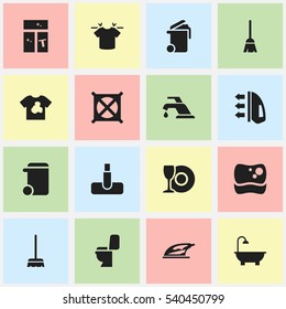 Set Of 16 Editable Dry-Cleaning Icons. Includes Symbols Such As Whisk, Broomstick, Restroom And More. Can Be Used For Web, Mobile, UI And Infographic Design.