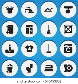 Set Of 16 Editable Dry-Cleaning Icons. Includes Symbols Such As Appliance, Clean T-Shirt, Plate And More. Can Be Used For Web, Mobile, UI And Infographic Design.